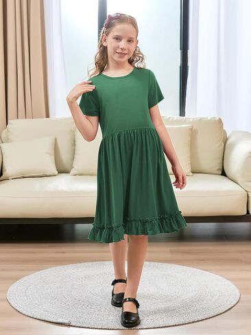 GORLYA Girls Casual Loose A-Line Twirly Ruffle Hem Swing Skater T-Shirt Dress with Pockets Age 4-14Y in Saudi Arabia