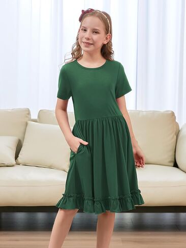 GORLYA Girls Casual Loose A-Line Twirly Ruffle Hem Swing Skater T-Shirt Dress with Pockets Age 4-14Y in Saudi Arabia