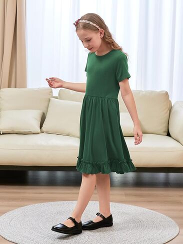GORLYA Girls Casual Loose A-Line Twirly Ruffle Hem Swing Skater T-Shirt Dress with Pockets Age 4-14Y in Saudi Arabia