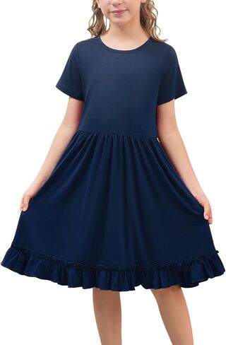 GORLYA Girls Casual Loose A-Line Twirly Ruffle Hem Swing Skater T-Shirt Dress with Pockets Age 4-14Y in Saudi Arabia