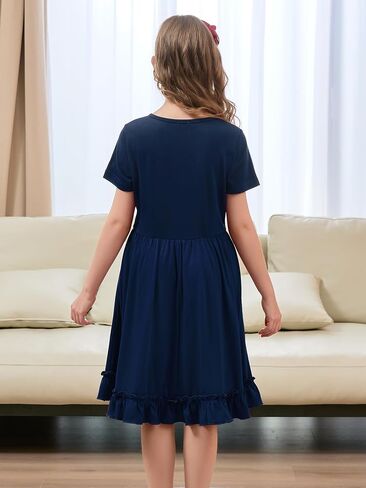 GORLYA Girls Casual Loose A-Line Twirly Ruffle Hem Swing Skater T-Shirt Dress with Pockets Age 4-14Y in Saudi Arabia