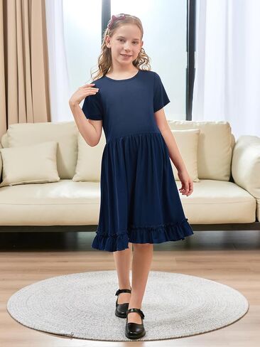 GORLYA Girls Casual Loose A-Line Twirly Ruffle Hem Swing Skater T-Shirt Dress with Pockets Age 4-14Y in Saudi Arabia