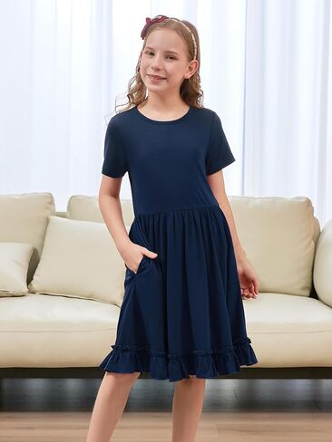 GORLYA Girls Casual Loose A-Line Twirly Ruffle Hem Swing Skater T-Shirt Dress with Pockets Age 4-14Y in Saudi Arabia