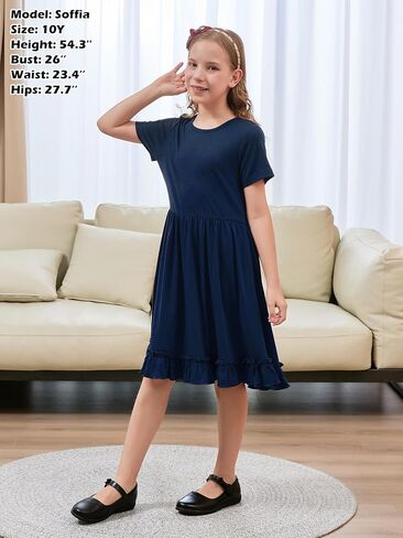 GORLYA Girls Casual Loose A-Line Twirly Ruffle Hem Swing Skater T-Shirt Dress with Pockets Age 4-14Y in Saudi Arabia