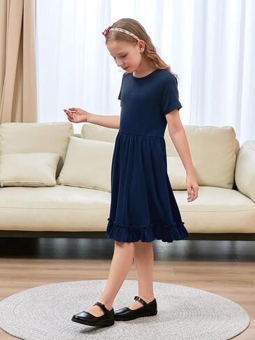 GORLYA Girls Casual Loose A-Line Twirly Ruffle Hem Swing Skater T-Shirt Dress with Pockets Age 4-14Y in Saudi Arabia