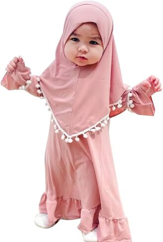 ABAFIP Muslim Dress for Baby Girl Toddler Abaya Kaftan Prayer Ruffle Sleeve Dress Dubai Ramadan Hijab set in Saudi Arabia