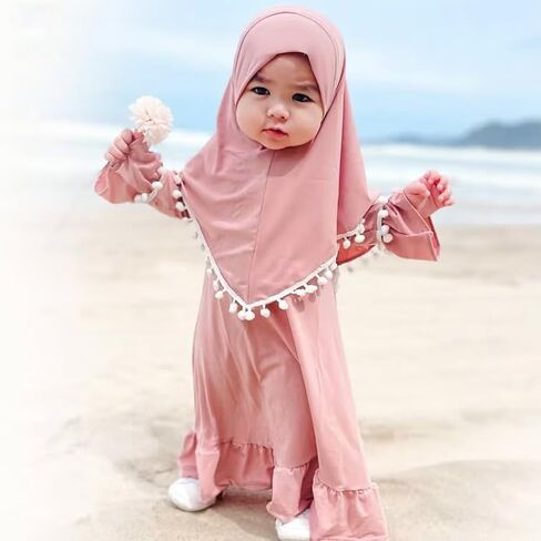 ABAFIP Muslim Dress for Baby Girl Toddler Abaya Kaftan Prayer Ruffle Sleeve Dress Dubai Ramadan Hijab set in Saudi Arabia