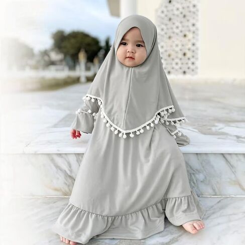 ABAFIP Muslim Dress for Baby Girl Toddler Abaya Kaftan Prayer Ruffle Sleeve Dress Dubai Ramadan Hijab set in Saudi Arabia