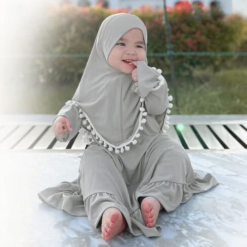 ABAFIP Muslim Dress for Baby Girl Toddler Abaya Kaftan Prayer Ruffle Sleeve Dress Dubai Ramadan Hijab set in Saudi Arabia