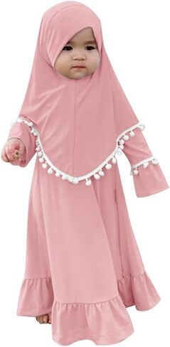 ABAFIP Muslim Dress for Baby Girl Toddler Abaya Kaftan Prayer Ruffle Sleeve Dress Dubai Ramadan Hijab set in Saudi Arabia