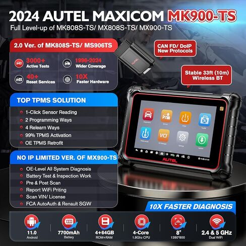 الماسح الضوئي Autel MaxiCOM MK900-TS: 2024 OS 11 MK900TS Up of MS906TS MX900TS MK808S-TS MK900 MK900BT، TPMS كامل مثل MS906 Pro-TS، 3000+ أداة مسح ثنائية الاتجاه، اختبار نشط، 40+ إعادة تعيين، طباعة WiFi، FCA SGW in Saudi Arabia