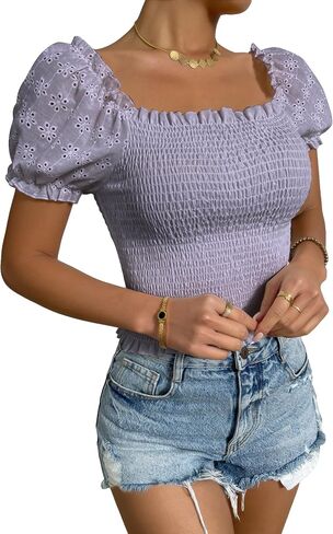 SOLY HUX Women's Square Neck Puff Short Sleeve Frill Shirred Smocked Crop Tops Blouse in Saudi Arabia