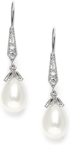 أقراط زفاف Mariell CZ عتيقة على شكل سلك فرنسي من اللؤلؤ العاجي المتدلي على شكل دمعة مطلية بالبلاتين in Kuwait