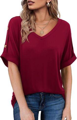 Beluring Womens Shirts Summer V Neck Short Sleeve Casual Button Tee Tops in Saudi Arabia