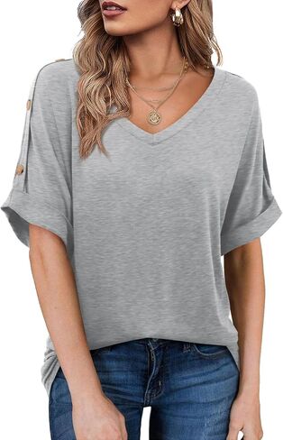 Beluring Womens Shirts Summer V Neck Short Sleeve Casual Button Tee Tops in Saudi Arabia