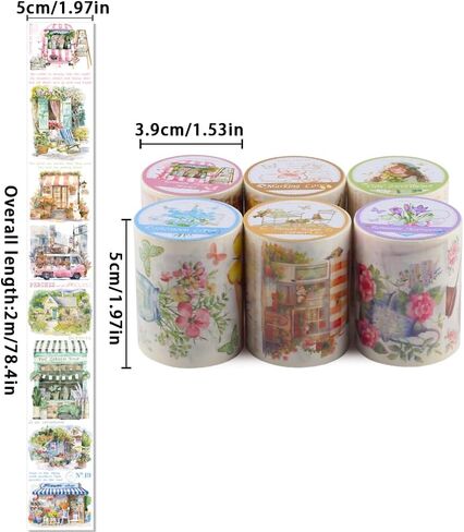 6 لفات من شريط واشي مزين بالزهور للمناظر الطبيعية، ملصقات زهور لباقة الزهور لمستلزمات المجلات غير المرغوب فيها، ألوان مائية مرسومة يدويًا بشريط واشي عريض ملصقات مستلزمات سجل القصاصات المزخرفة in Kuwait