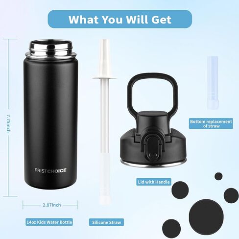 Kids Insulated Water Bottle with Straw,14oz Stainless Steel Water Bottle,BPA-free and Leak-proof,Double Wall Vacuum Water Flask for School,Gifts for Boys and Girls（14oz,Deep Sea Blue） in Saudi Arabia