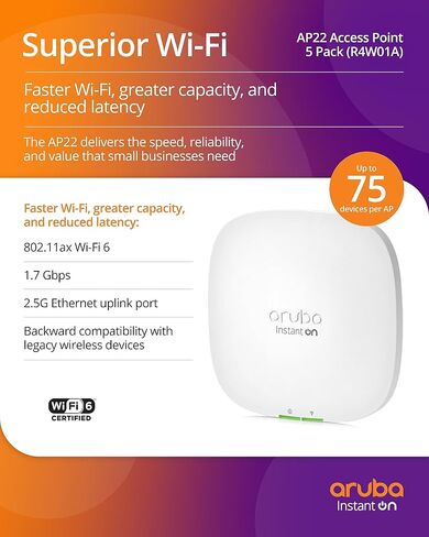 HPE Networking Instant On Access Point AP22 2x2 WiFi 6 Indoor Wireless Access Point (5 Pack) | Long Range, Secure, Smart Mesh Support | Power Source Not Included | US Model (R4W01A-5PACK) in Saudi Arabia