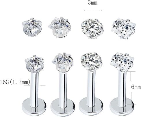16 جرام الفولاذ المقاوم للصدأ مكعب الزركون الشفاه مسمار خواتم Labret مونرو الأنف ترصيع الزنمة اللولب الأذن ثقب المجوهرات 4-8 قطعة in Saudi Arabia