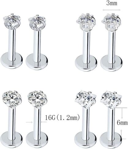 16G Stainless Steel Cubic Zircon Lip Stud Rings Labret Monroe Nose Studs Tragus Helix Ear Piercing Jewelry 4-8PCS in Saudi Arabia
