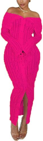 Women's Sexy Off Shoulder Dress 2024 Elegant Long Sleeve Button Down Split Ruffle Bodycon Midi Dresses Clubwear in Saudi Arabia