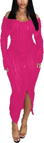 Women's Sexy Off Shoulder Dress 2024 Elegant Long Sleeve Button Down Split Ruffle Bodycon Midi Dresses Clubwear in Saudi Arabia