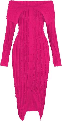 Women's Sexy Off Shoulder Dress 2024 Elegant Long Sleeve Button Down Split Ruffle Bodycon Midi Dresses Clubwear in Saudi Arabia