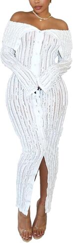 Women's Sexy Off Shoulder Dress 2024 Elegant Long Sleeve Button Down Split Ruffle Bodycon Midi Dresses Clubwear in Saudi Arabia