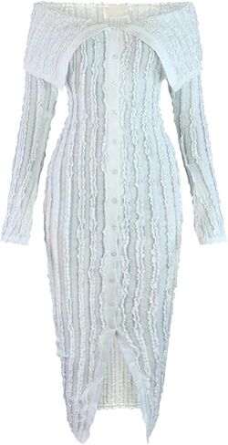 Women's Sexy Off Shoulder Dress 2024 Elegant Long Sleeve Button Down Split Ruffle Bodycon Midi Dresses Clubwear in Saudi Arabia