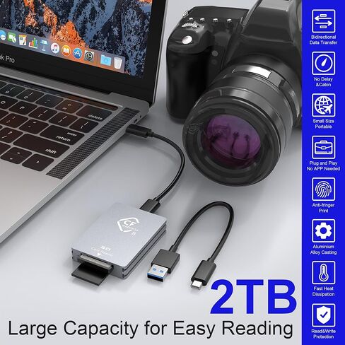 قارئ بطاقات CFexpress من النوع B/SD، قارئ بطاقات USB 3.2 Gen 2 CF Express بسرعة 10 جيجابت في الثانية مع بطاقة ذاكرة CFexpress من النوع B/SD، قارئ بطاقات CFexpress محمول من الألومنيوم مع كابلات USB C إلى USB A/C in Kuwait