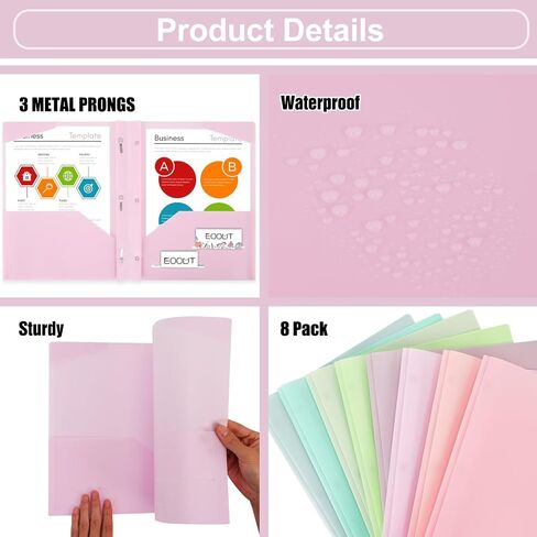 EOOUT Plastic Folders with Pockets and Prongs, 8 Pack, in 8 Pastel Colors, Plastic Folders with 2 Pockets and 3 Prongs, Plastic Pocket Folders for School and Office, Letter Size in Saudi Arabia