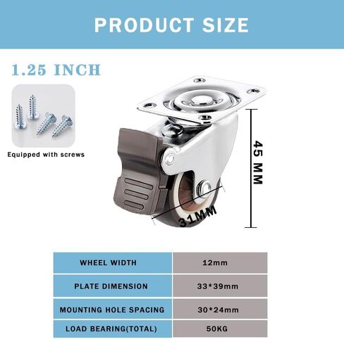1 inch Swivel Caster Wheels Bearing Plate Caster Wheels, Rolling Casters for Furniture and Workbench Cart, Set of 4 (2 with Brakes & 2 Without) Come with Screws in Saudi Arabia