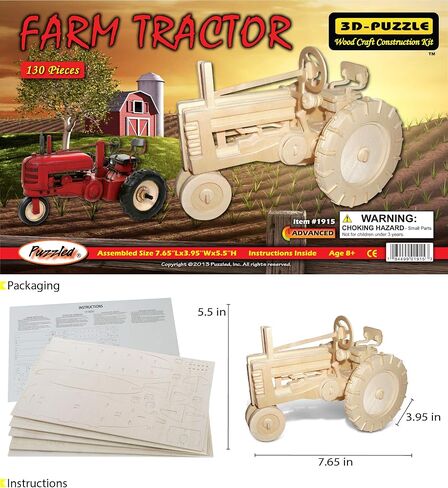 Puzzled 3D Puzzle Farm Tractor Set Wood Craft Construction Model Kit, Fun & Educational DIY Wooden Toy Assemble Model Unfinished Crafting Hobby Puzzle to Build & Paint for Decoration 130 Pieces Pack in Saudi Arabia