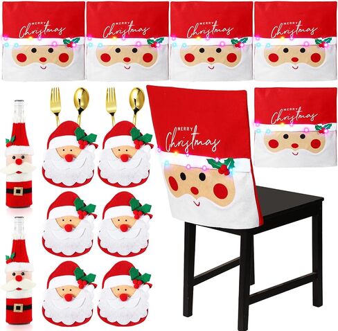 6 قطع LED لعيد الميلاد الخلفي غطاء الكرسي سانتا كلوز 6 قطع لطيفة لعيد الميلاد سترة النبيذ غطاء زجاجة 2 قطعة من اللباد الفضيات لعيد الميلاد جيوب حامل مع أوراق هولي بيري لتزيين مأدبة عيد الميلاد in Kuwait