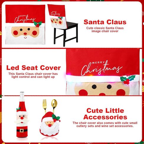 6 قطع LED لعيد الميلاد الخلفي غطاء الكرسي سانتا كلوز 6 قطع لطيفة لعيد الميلاد سترة النبيذ غطاء زجاجة 2 قطعة من اللباد الفضيات لعيد الميلاد جيوب حامل مع أوراق هولي بيري لتزيين مأدبة عيد الميلاد in Kuwait