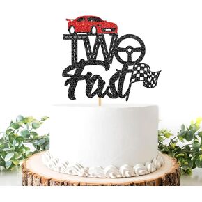 Two Fast Cake Topper, Happy 2nd Birthday Cake Picks for Boys Girls, Baby Kids 2 Years Old Birthday Party Decorations, Race Car Hot Wheel and Flag Sign Party Favors, Black
