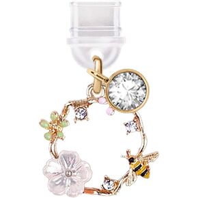 ELISE & FONDA TP345 Type-C USB Charging Port Anti Dust Plug Spring Garland Bee Flowers Cell Phone Charm for iPhone 15 and Samsung/OnePlus/Xiaomi/oppo Android Phones (White)