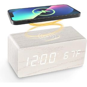 Digital Alarm Clock, with Wooden Electronic LED Time Display, 3 Alarm Settings, Humidity & Temperature Detect, Wood Made Electric Clocks for Bedroom, Bedside (Black)