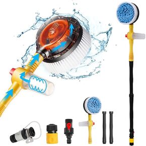 Car Wash Brush with Hose Attachment, 360 Spin Car Wash Brush with Soap Dispenser, Soft Bristle Car Cleaning Brush Mop Scrub Brush, Flow Through Car Washing Brush Kit Long Handle (Yellow)