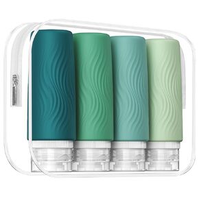 Travel Bottles for Toiletries, Tsa Approved 3oz Portable Travel Bottles, BPA Free Leak Proof Squeezable Silicone Travel Size Containers, Travel Accessories with Clear Toiletry Bag (4 Pack)
