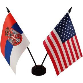 America & Serbia Friendship Twin Desk Flag, US Serbia Table Flags, 8 x 5 Inches American & Serbian Deluxe Desk Flag Set - Miniature USA & Serbia Stick Flag with Flag Stand