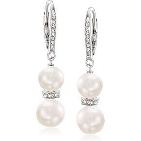 Ross-Simons 7.5-9mm Cultured Pearl and .15 ct. t.w. Diamond Drop Earrings in Sterling Silver