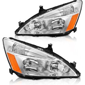 for 2003-2007 Honda Accord Headlights Assembly compatible with 2003 2004 2005 2006 2007 Honda Accord 2/4dr Chrome Housing Amber Reflector Clear Lens Replacement Driver and Passenger Side