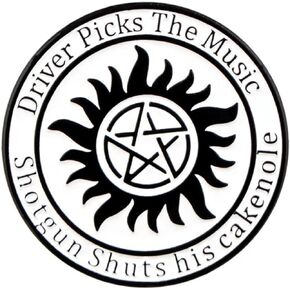 Driver Picks the Music Shotgun Shuts His Cakehole Supernatural Devil's Trap Sigil Demon Pentagram Symbol Circle TV Show Fantasy Horror Drama Magic 1.2" Enamel Pin Badge