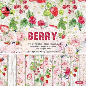 Strawberry Theme 6-inches Scrapbooking Paper, 24 Sheets Single-Side Printing Junk Journal Cardstock for Card Making Decorative Mails Art Album, A