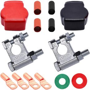 Battery Terminal Connectors, Military Spec Positive Negative Heavy Duty Battery Terminals with 4 Pcs 2 Gauge 3/8" Copper Lugs, 4 Heatshrink, 2 Cover and Anti Corrosion Washers.