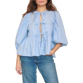 Tie Front Tops for Women Y2k Short Puff Sleeve Blouse Ruffle Hem Peplum Shirt Reversible Babydoll Tops Streetwear