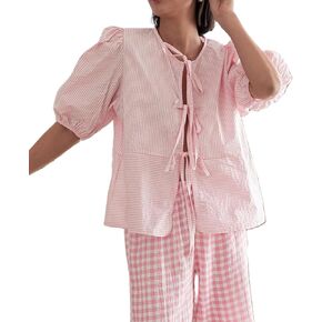 Tie Front Tops for Women Y2k Short Puff Sleeve Blouse Ruffle Hem Peplum Shirt Reversible Babydoll Tops Streetwear in Kuwait