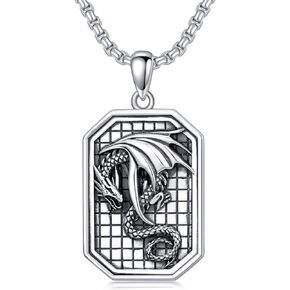 Dragon Necklace for Men 925 Sterling Silver Square Dragon Pendant for Boys Jewelry Gift