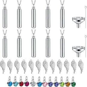 10 Pieces Urn Necklace for Ashes, 10 Pieces Urn Necklace, Stainless Steel Cremation Jewelry for Women Men, Cylinder Memorial Necklaces Keepsake Pendant with Funnel(Silver)